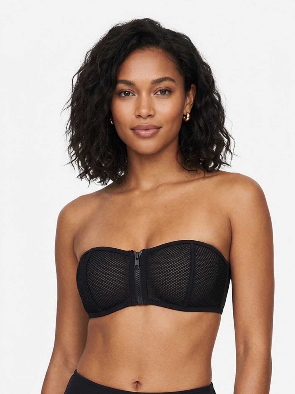 Triangl Black Neoprene Mesh Bikini Top Zip Front Strapless Bandeau Sporty Size S